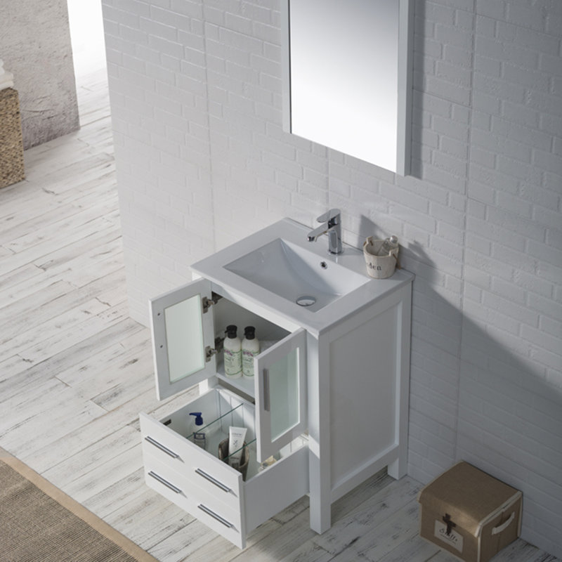 Mance 24.25'' Single Bathroom Vanity with Ceramic Top with Mirror, Glossy White