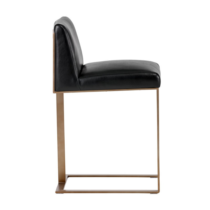 Dean Upholstered Stool with Metal Frame, Black, Bar Stool (30" Seat Height), Antique Brass