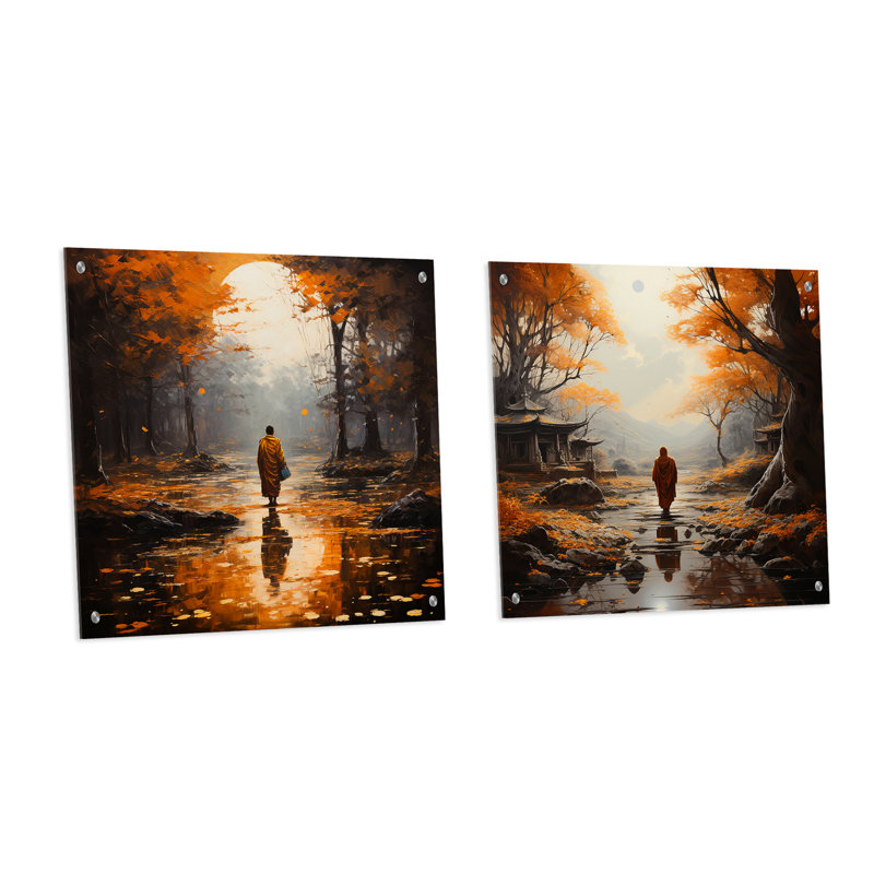 Ensemble de 2 peintures murales en acrylique Dhang Path - Bouddhisme, H 16 po x l 33 po