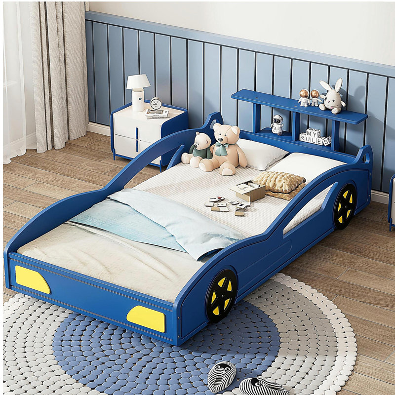 Lit de voiture de course en bois, lit plateforme simple en forme de voiture avec roues pour adolescents, Bleu