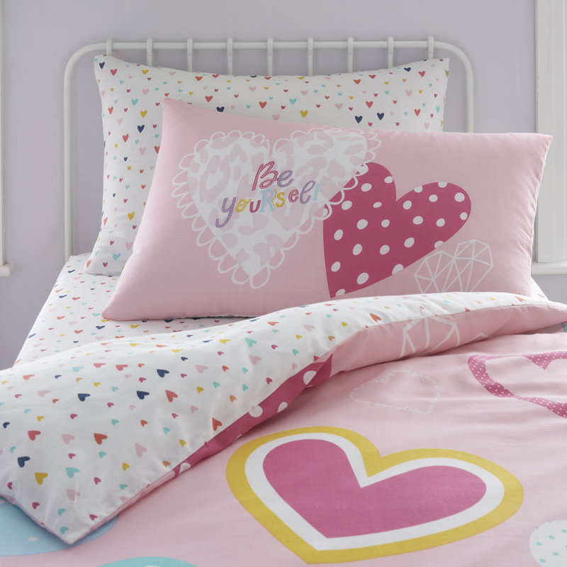 Kids Love Hearts Duvet Cover Set Cotton Blend Bedding Set with Pillowcases Soft Comfortable Quilt Cover Button Closure Easy Care Durable