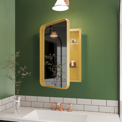 16x24 Inch Recessed Metal Framed Bathroom Storage Cabinet With Mirror And Adjustable Shelves, Matte Gold Hue, , Fog, Corrosion, -proof, Touch Strong ,
