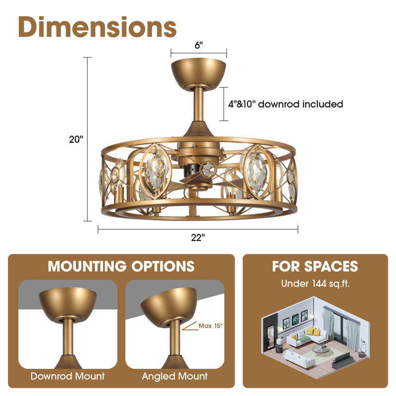 Ventilateur de plafond tambour moderne en cristal de 22 po avec ensemble d'éclairage et télécommande