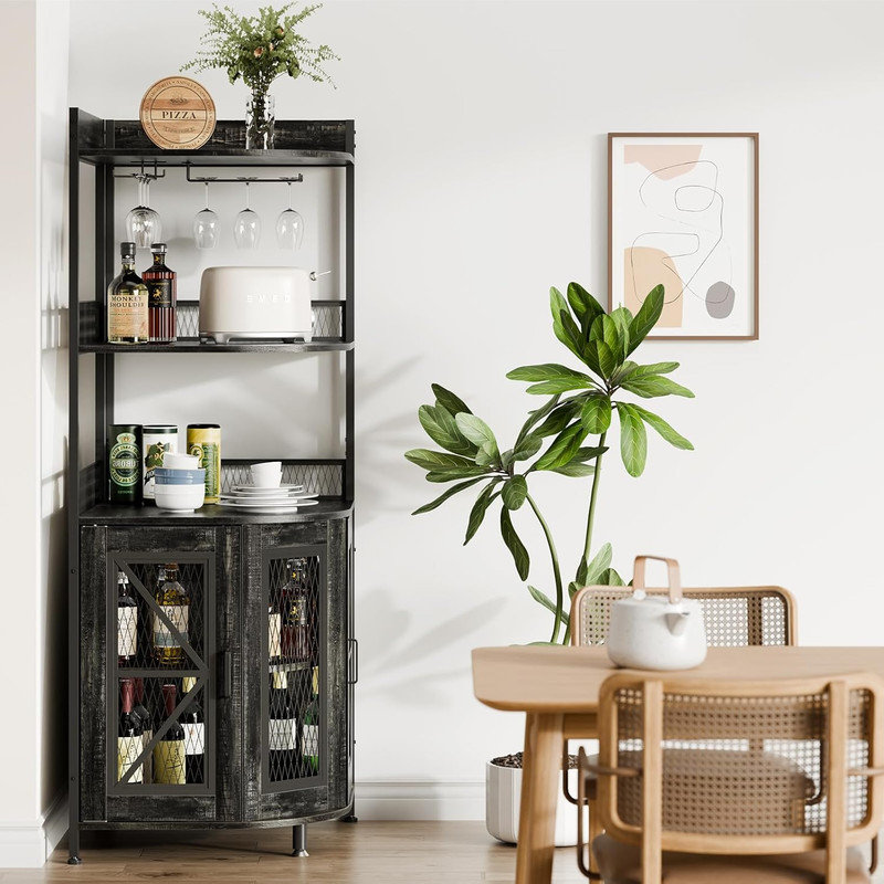 64" Tall Corner Bar Cabinet with LED Strip – 5-Tier Industrial Cabinet with Power Outlet & Glass Holder, Wine/Display Cabinet for Small Spaces