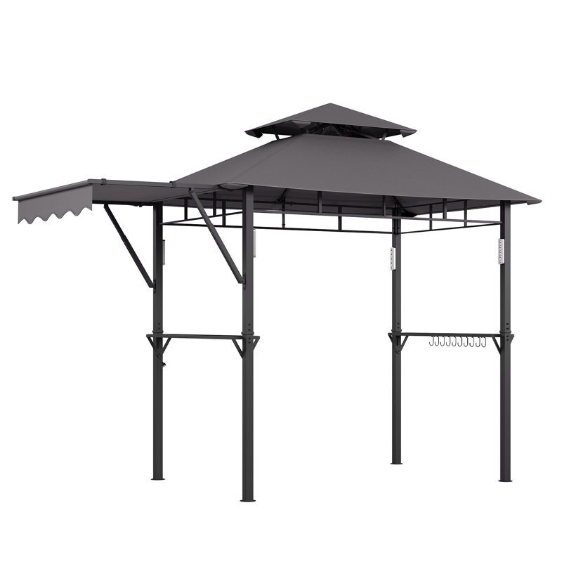 Pavillon de jardin 8 x 5 pi avec toit à deux niveaux, structure en acier robuste, tablettes latérales, gris, Noir