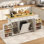 Îlot de cuisine l 62,8 po avec armoires de rangement et tiroirs, chariot pour îlot de cuisine avec armoire de rangement dissimulée, tablettes, prise de courant et abattant