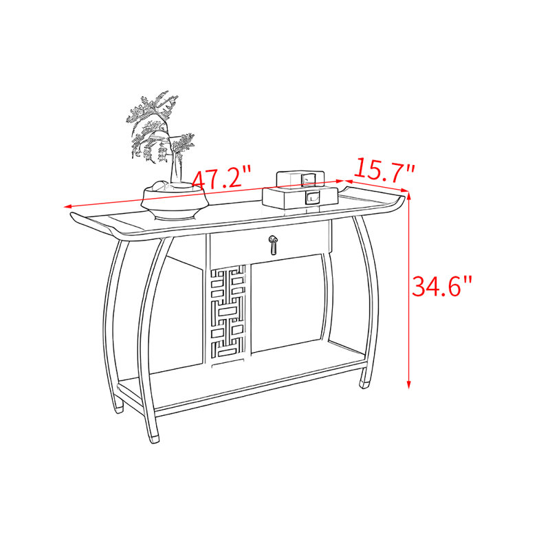 Console en bois massif de style chinois, H 34,6 po x l 47,2 po x P 15,7 po