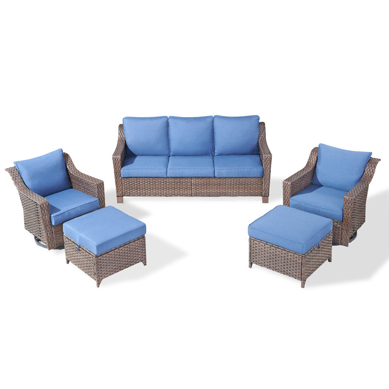 Ensemble de conversation d'extérieur pour 5 personnes avec coussins et repose-pieds Tya, Bleu