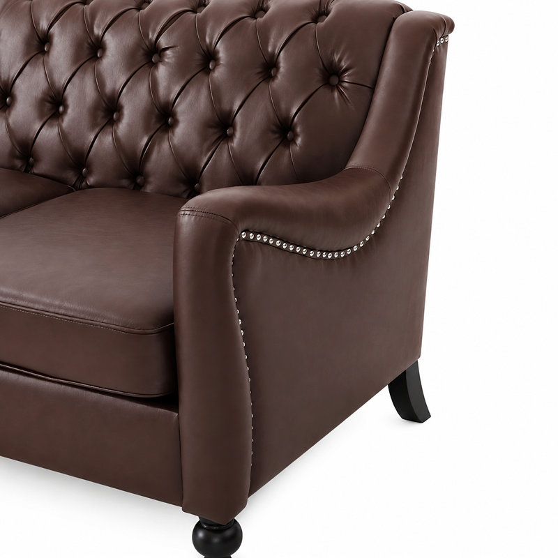 Sofa en similicuir capitonné en losanges avec accoudoirs incurvés et pieds en bouleau, 3 sièges, Simili cuir brun foncé