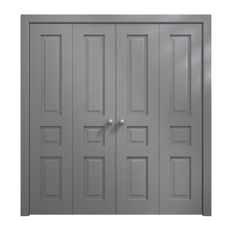 Portes coulissantes doubles pliantes pour placard 96 x 80 pouces Ego 5012, chêne gris peint, rails robustes, moulures, garnitures, quincaillerie, bois massif, portes de placard de chambre