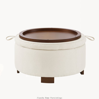 Round Boucle Storage Ottoman with Reversible Lid, Hidden Compartment Footstool with Wooden Legs, Dual-Purpose Seat and Side Table, Ivory