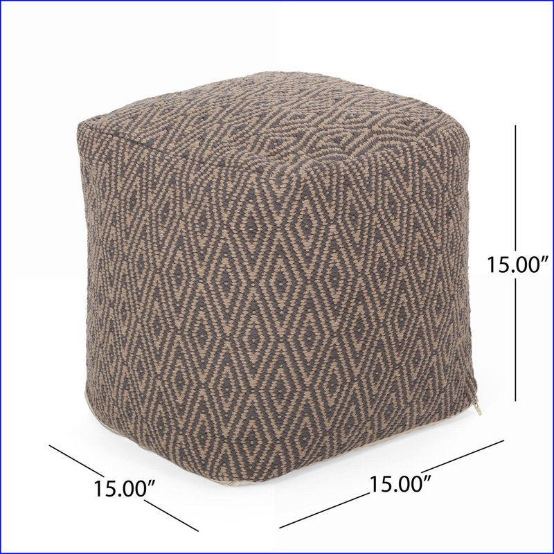 Pouf en coton tissé à la main | 15 x 15 x 15 | Entièrement assemblé | Gris foncé et brun noyer | Tissu