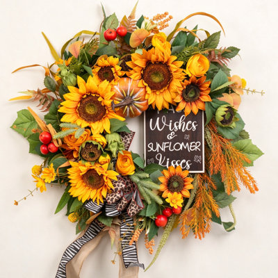 Couronne de 24 po pour la porte de l'Action de grâce avec tournesols artificiels fleurs d'automne