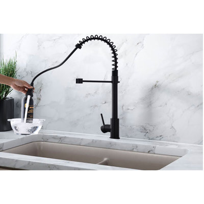 Commercial Modern Single Handle Spring High Arc Kitchen Faucet Matte Black