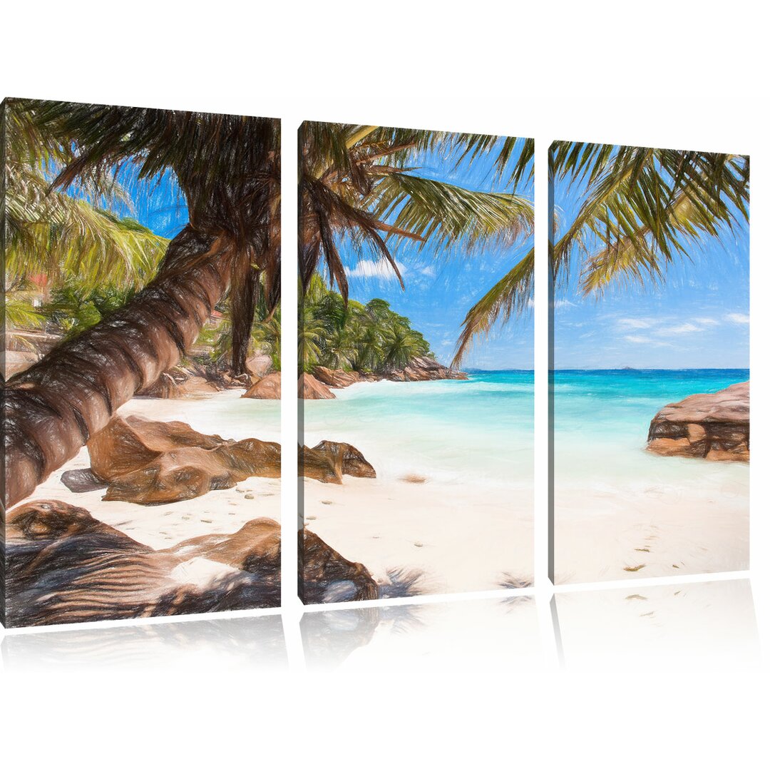 3-tlg. Leinwandbilder-Set â€žPalmenstrand Seychellenâ€œ, Grafikdruck