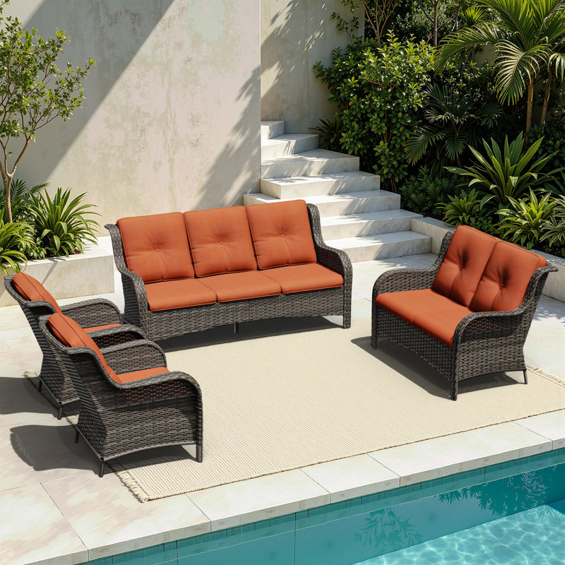 Ensemble de conversation d'extérieur en osier pour patio, meubles en rotin PE toutes saisons 4 pièces avec canapé 3 places, fauteuils et coussins moelleux, parfait pour la cour, le porche, la terrasse et la piscine