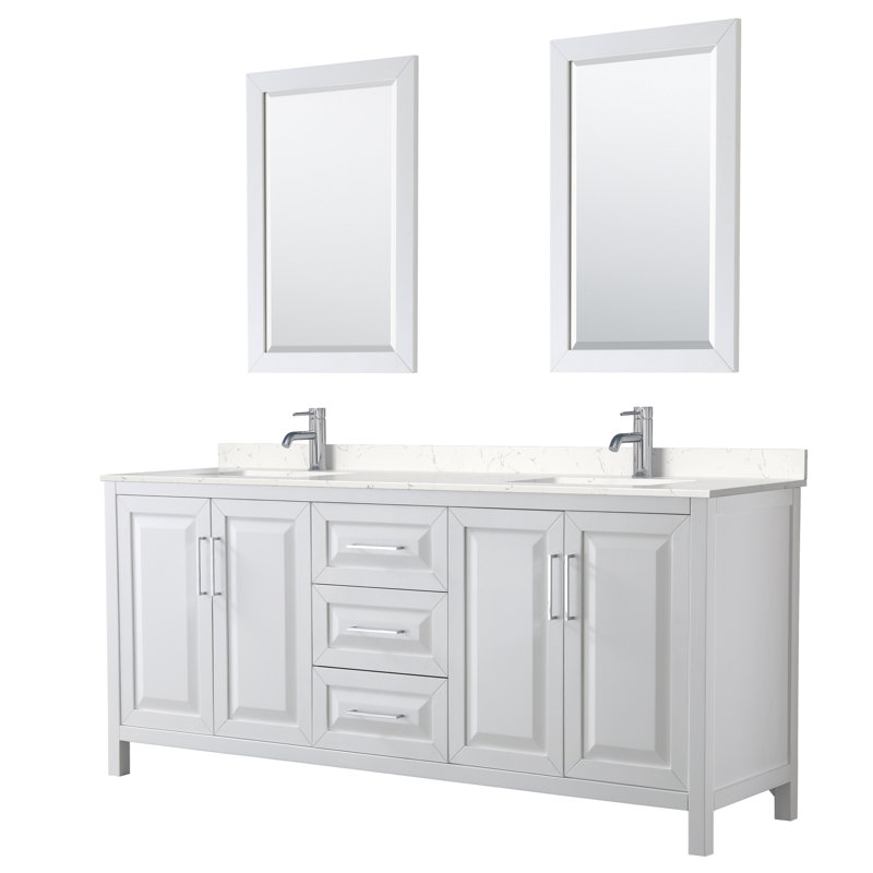 Daria 80'' Double Bathroom Vanity with Marble Top with Mirror, White, Polished Chrome, Carrara Cultured Marble