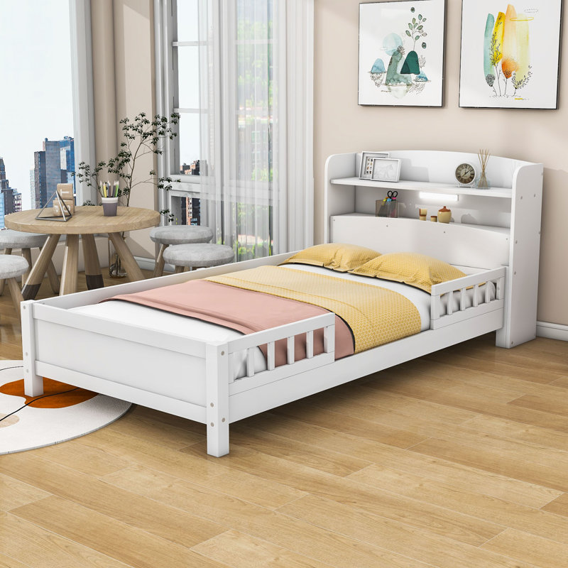 Lit plateforme simple en bois avec éclairage à DEL intégré et rangement, Simple, Blanc