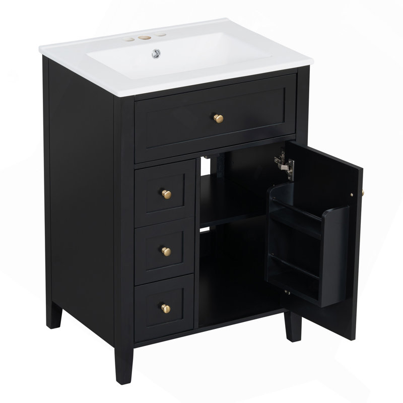 Meuble-lavabo noir 24 po avec lavabo, panneau de fibres à densité moyenne et bois d'hévéa, 3 tiroirs et armoire avec tablettes réglables, conception moderne pour les petites et moyennes salles de bain