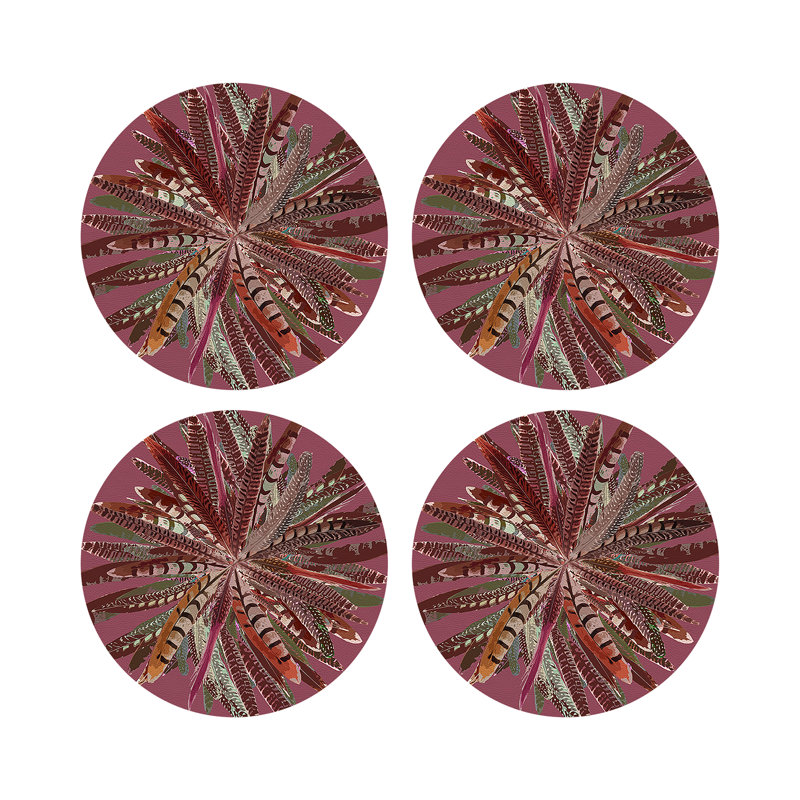 Pheasant Feathers Vegan Leather Round Pebble Placemat, Mauve