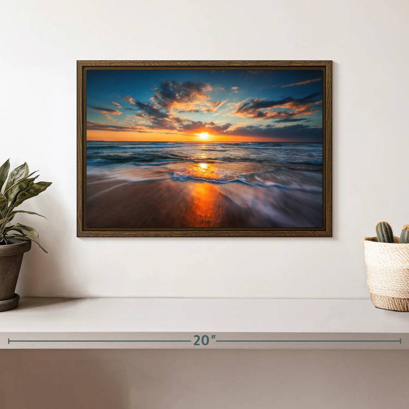 Été, océan, lever de soleil, 13 po x 9 po, Cadre flottant noyer