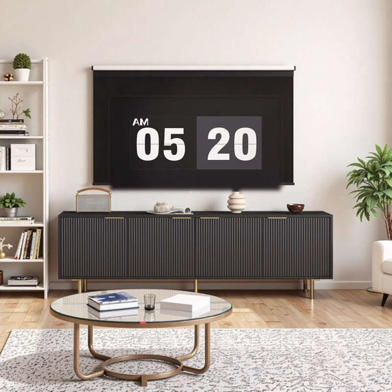 Meuble télé 68 pouces à cannelures noires modernes avec portes de rangement, console multimédia pour téléviseur de 55 pouces et plus, meubles de salon avec pieds en métal doré