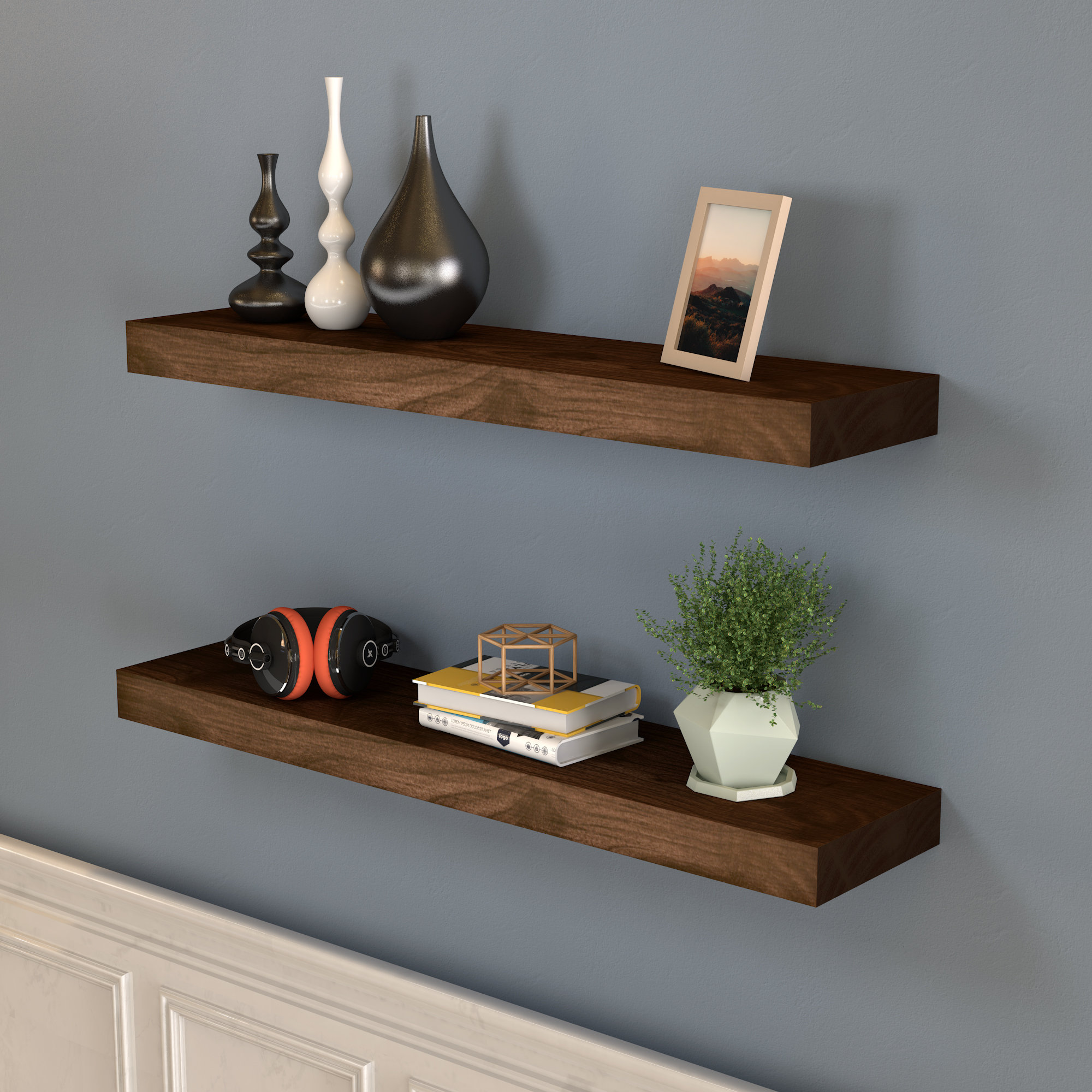 Chalissa 2 Piece Solid Wood Floating Shelf Set with Invisible Wall Mount Brackets (Set of 2) Loon Peak Color: Dark Walnut, Size: 1.57 H x 16 W x 6