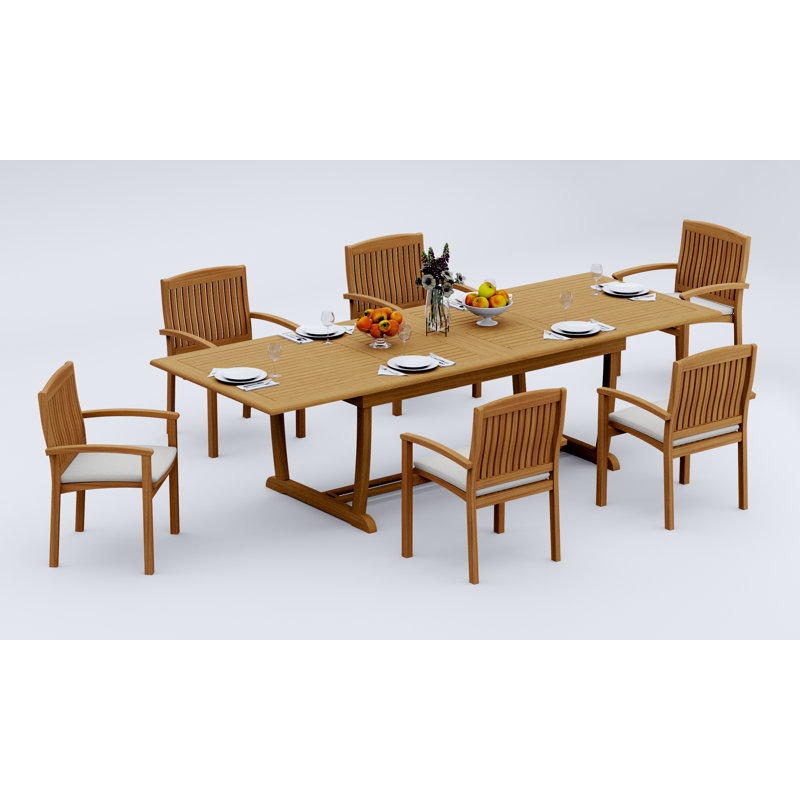 7 Pcs Grade-A Teak Wood Dining Set: 118" Double Extension Mas Rectangle Trestle Leg Table And 6 Wave Stacking Arm Chairs #11WV2506