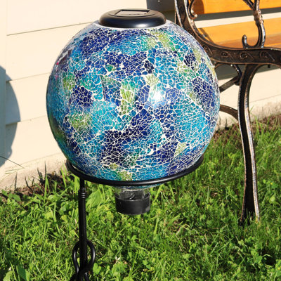 Globe terrestre extérieur en verre mosaïque 10 "avec fleurs solaires Vas Blue Cool Blossoms