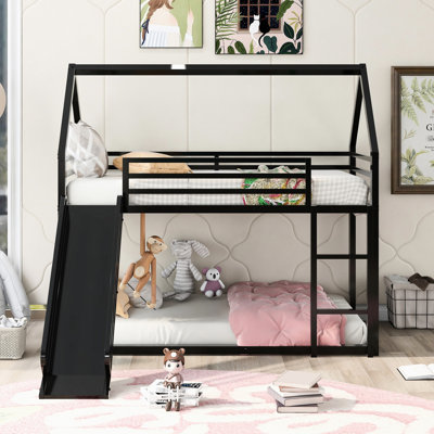 Lit superposé simple au-dessus d'une maison avec glissade - Métal pour chambre à coucher