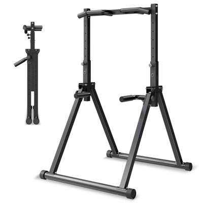 Barre de traction de 56,7 à 85,4 po, station de barre portative portative d'une capacité de 330 lb, structure autoportante triangulaire et tube en acier robuste, réglage de la hauteur par gravité à 9 niveaux pour les bras et le dos, noir