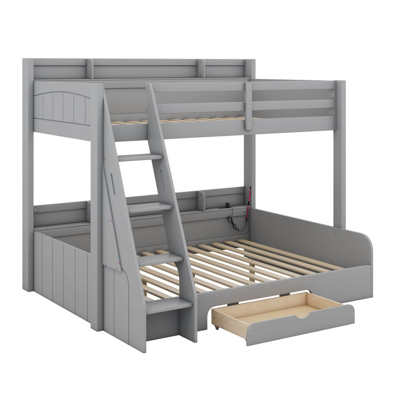 Lit simple superposé au dessus d'un lit double avec tiroir de rangement, lit en bois massif avec tablettes, DEL, station de charge pour enfants, adolescents, adultes