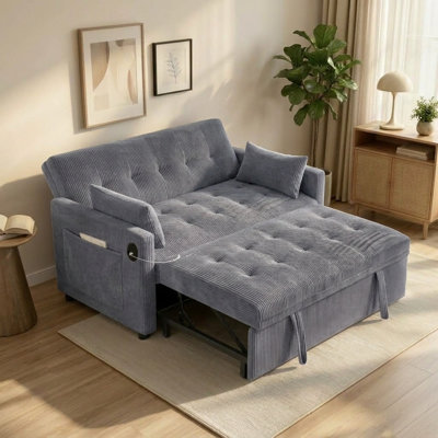 53" Convertible Sleeper Sofa Bed with Pull-Out Bed and Adjustable Backrest, USB Charging Ports, Grey