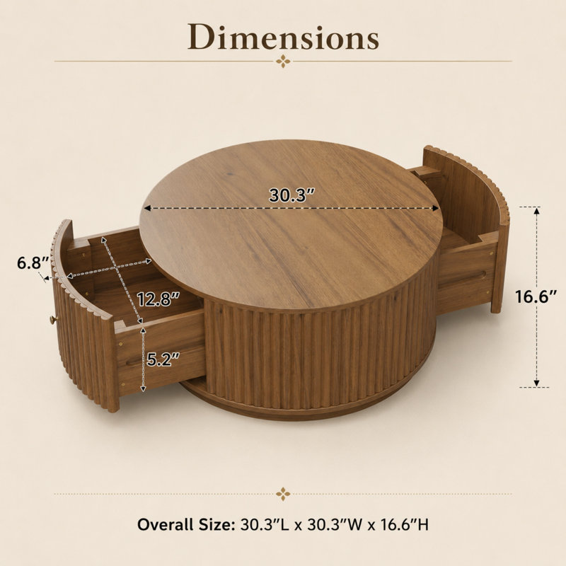 Table basse cylindrique 30,3 po Caston, Brown Wood, H 16,6 po x l 30,3 po x P 30,3 po