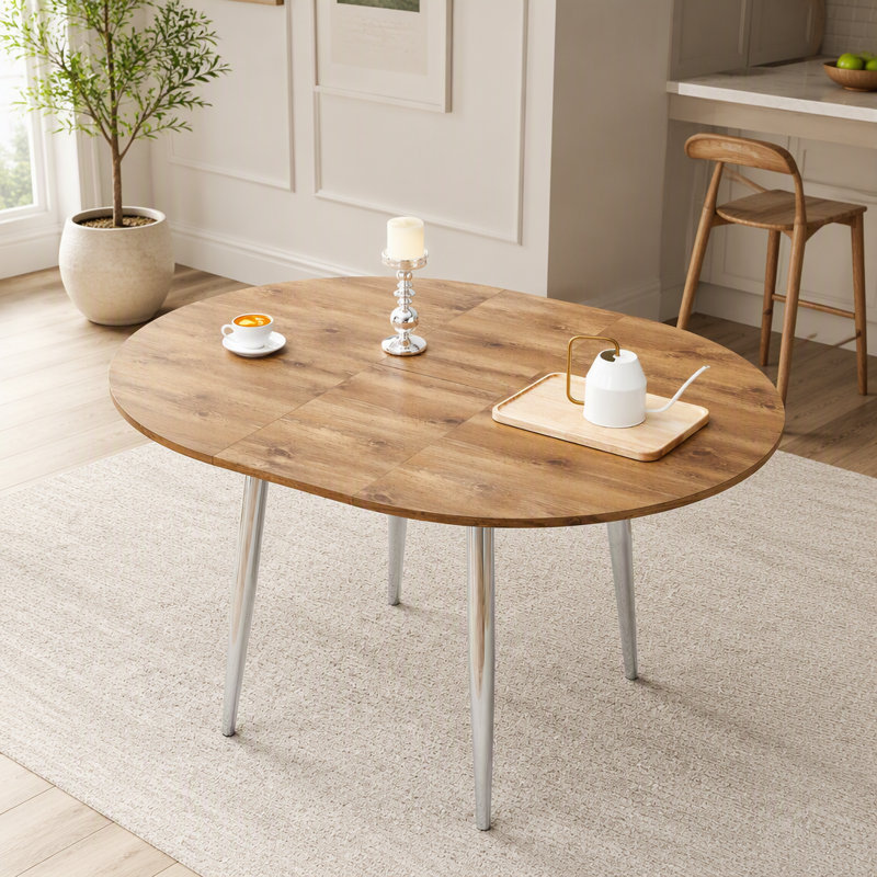 Table rétractable en MDF imitation bois avec pattes en métal argenté, gain de place et élégante pour une salle à manger moderne