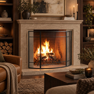 38 in. L x 32 in. H Black 1-Panel Curve Iron Fireplace Screen, Single Panel Metal Fire Spark Guard