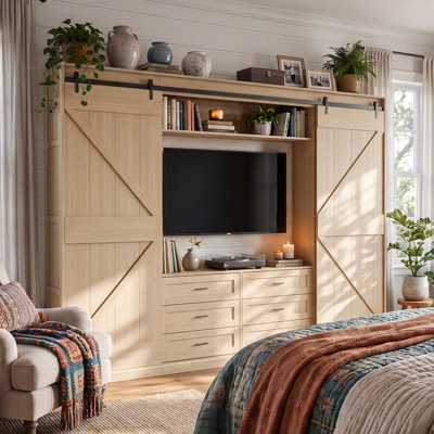 126"W Entertainment Center TV Wall Unit with Sliding Barn Doors, 6 Drawers & Storage