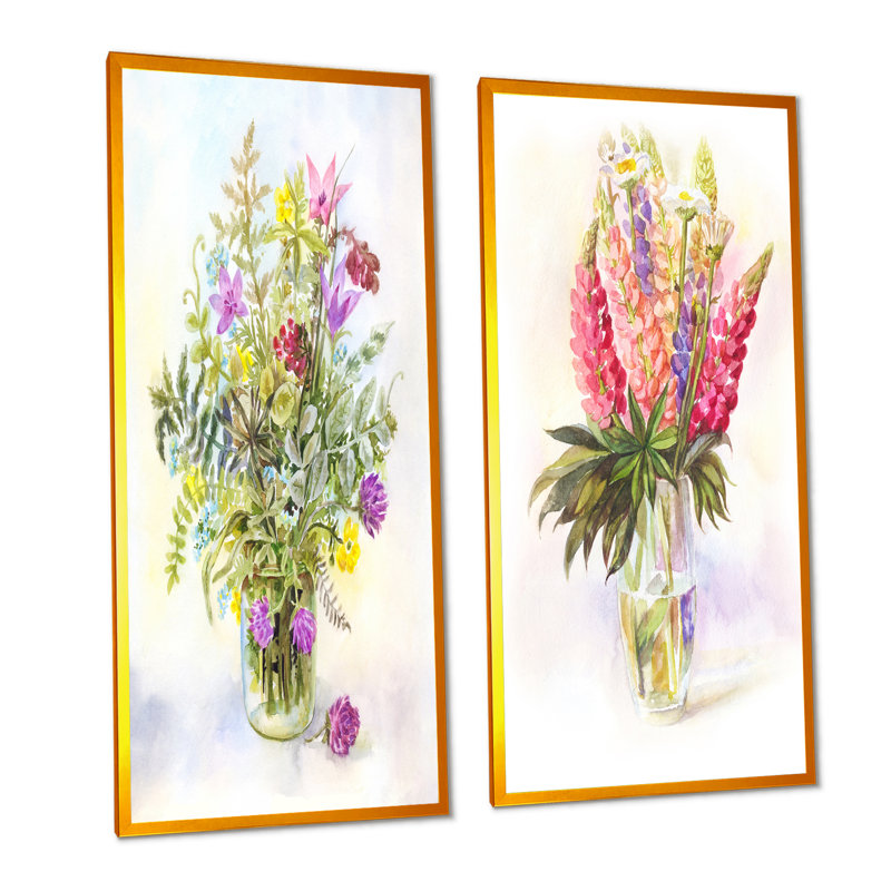 Bouquet de lupins roses en fleurs - Ensemble de 2 peintures sur toiles, H 40 po x l 40 po x P 1 po, Cadre photo doré