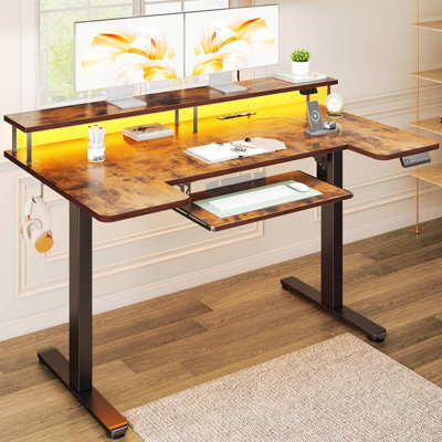 Joyful Standing Desk With Large Monitor Shelf,u Shaped Electric Standing Desk With Built-in Power Outlets, Gaming Desk With Led Light, Home Office Desk With Keyboard Tray,writing Desk With Versatile Hook