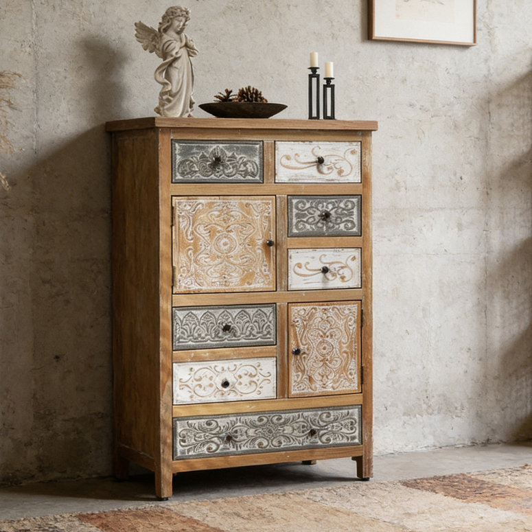 Grande armoire d'appoint vintage en bois avec 6 tiroirs et 2 portes