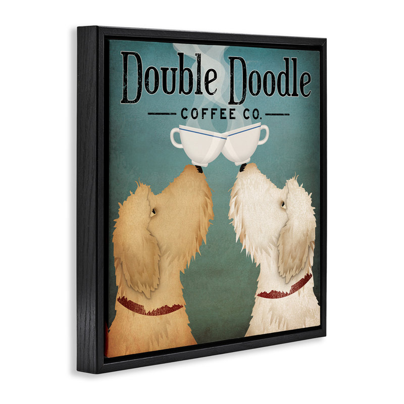 Plaque de café rétro Doodle Dog, Cadre flottant noir de jais, H 18 po x l 18 po