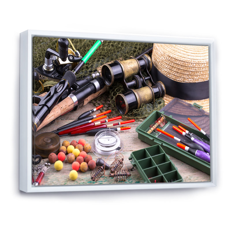 " Fishing Supplies Layout ", White Floater Framed, 12" H x 20" W x 1" D