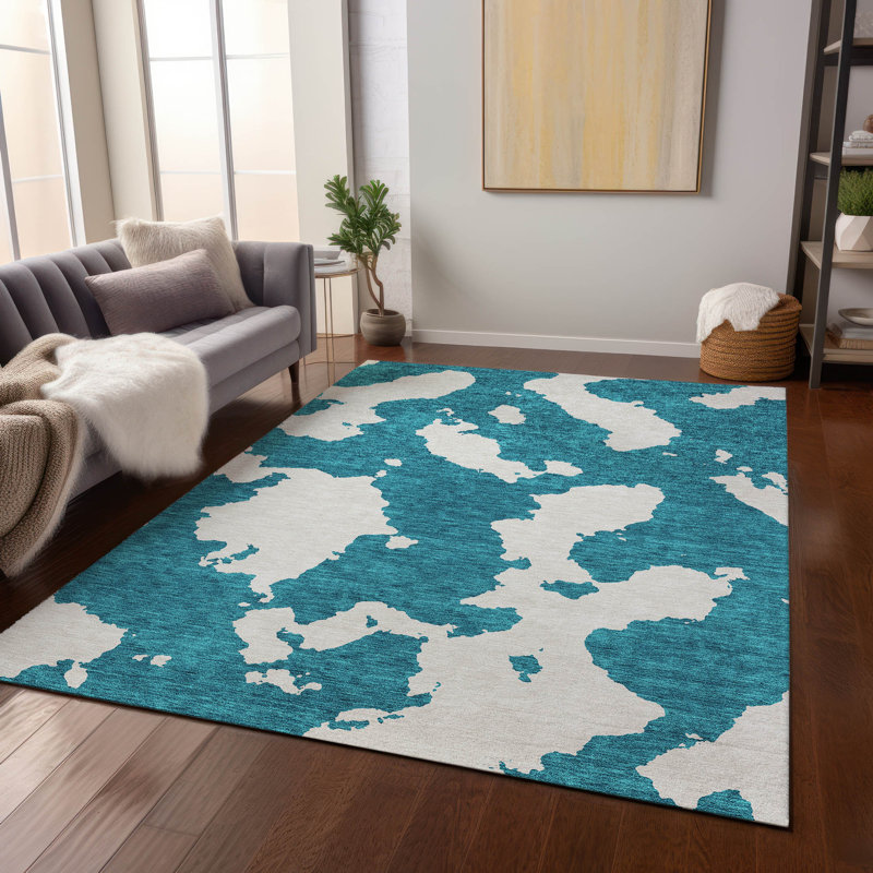 Teal Abstract Rectangular Washable Synthetic Indoor/Outdoor Rug 3' x 5'