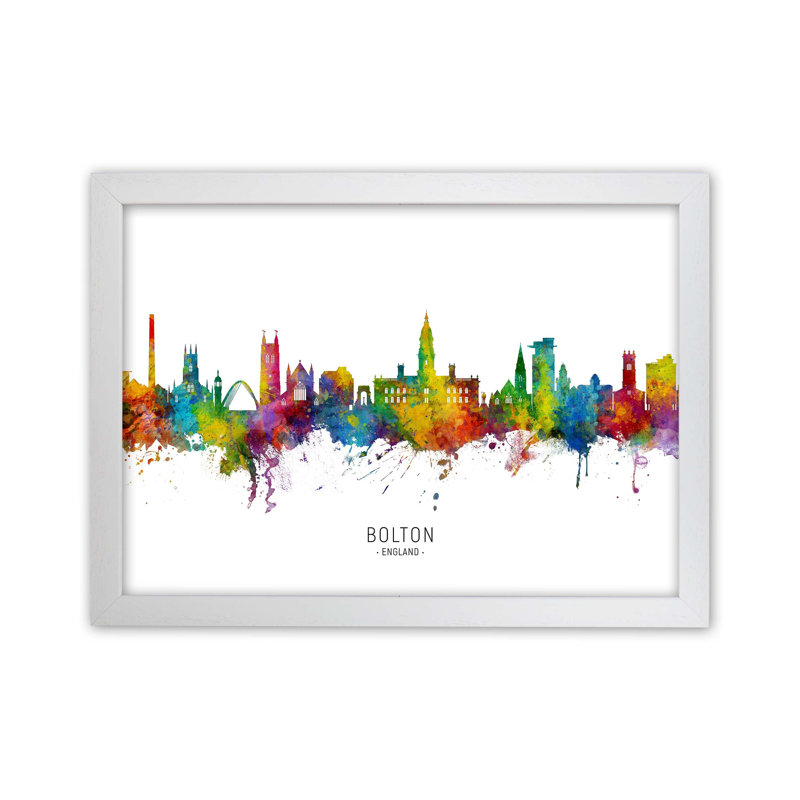 Bolton England Skyline by Michael Tompsett - Print, 46cm H x 63cm W x 3cm D, White Framed