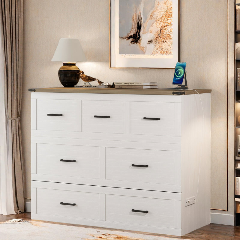 Multi-functional Foldable Murphy Bed  With Charging Station And 1 Large Storage Drawer, Full / Double, White/Natural
