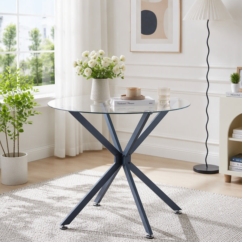 Table de salle à manger ronde en verre trempé de 35,4 pouces