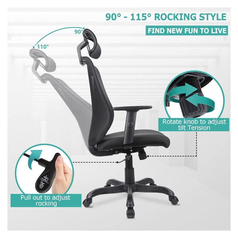 Chaise de bureau ergonomique en filet avec appui-tête et accoudoirs réglables - Chaise de bureau pivotante avec pochette de rangement pour le bureau personnel
