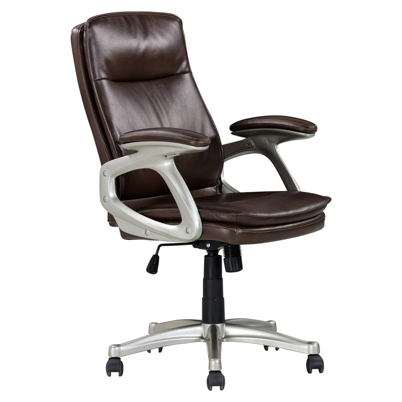Fauteuil de bureau ergonomique, similicuir brun, dossier pivotant à dossier moyen en contreplaqué stable et réglable