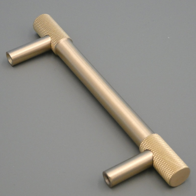 Knurled Edge Solid Brushed Brass Cabinet and Drawer Pull, 6.31"