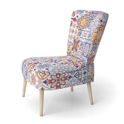 Blue And Gold Ethnic Patchwork - Upholstered Patterned Accent Side Chair